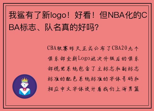 我鲨有了新logo！好看！但NBA化的CBA标志、队名真的好吗？