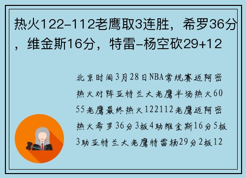 热火122-112老鹰取3连胜，希罗36分，维金斯16分，特雷-杨空砍29+12